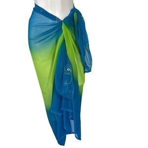 LADY JULIET Blue Green Sheer Sarong Cover-up Wrap Shawl & Travel Bag Sz OS
